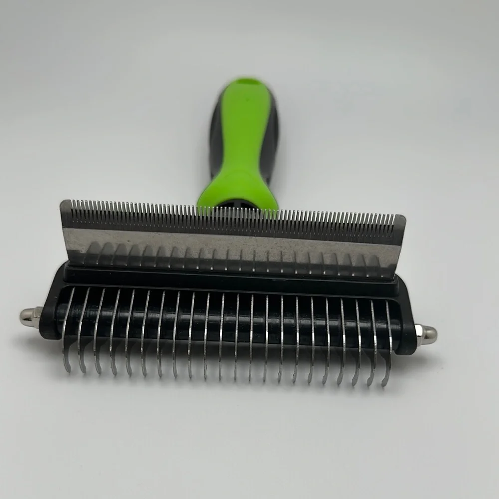 Green and Black Dog Deshedding Brush with Ergonomic Handle